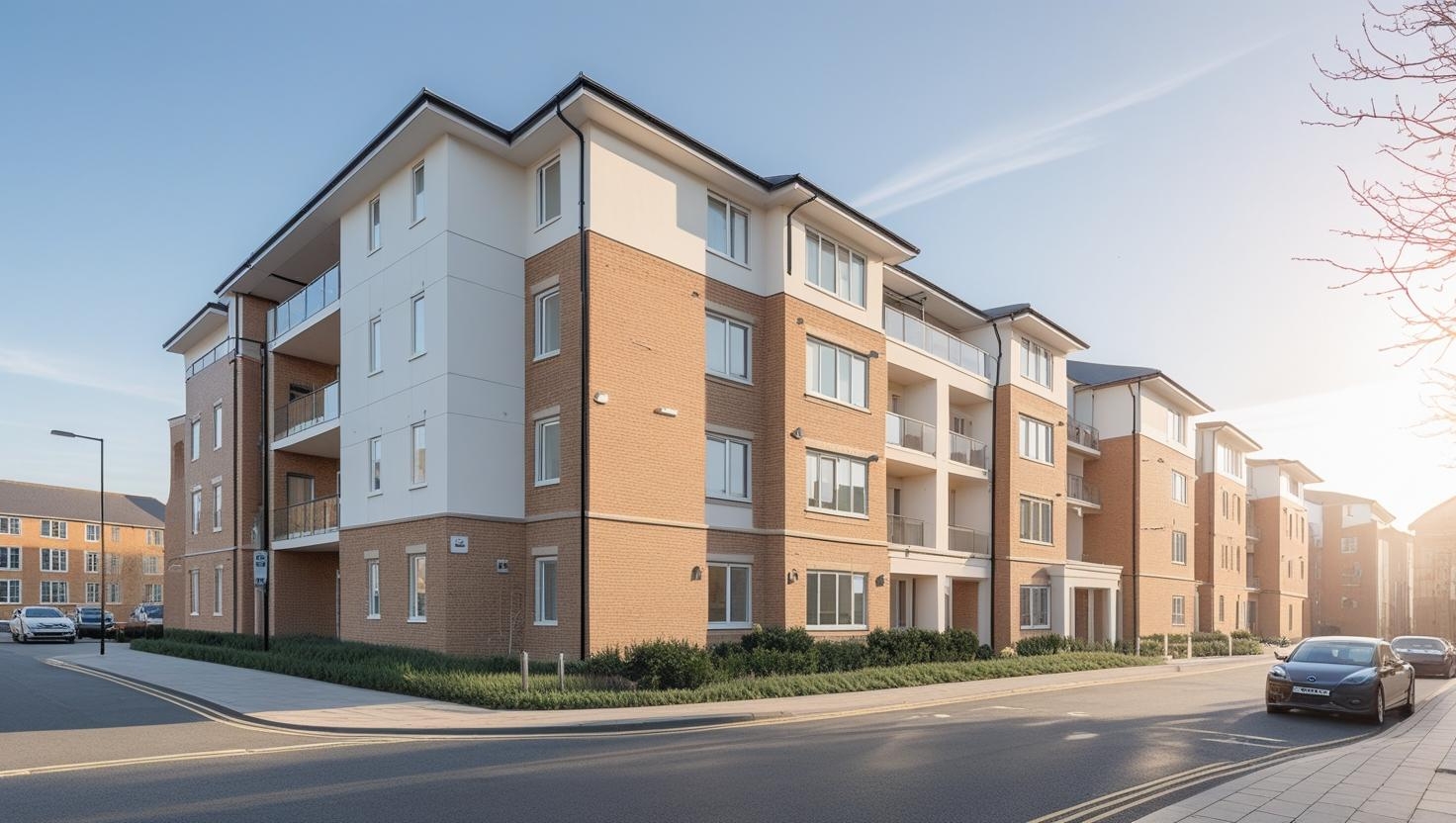 Modern UK apartment block with brick and neutral tones, photographed in daylight. Suitable for supported living and property investment contexts.