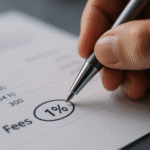 Close-up of a hand holding a pen, circling “1%” on a printed financial statement, symbolising investment adviser fees or trail commission charges.